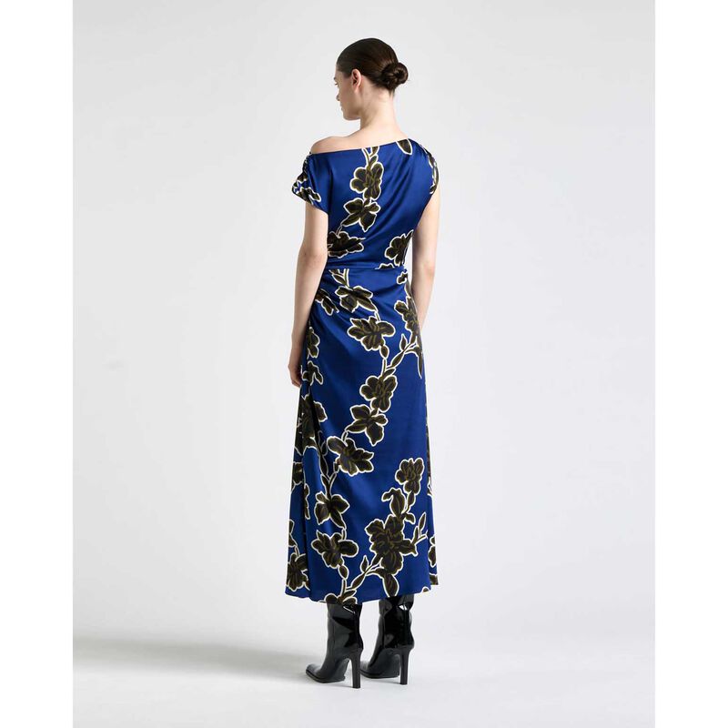 Cue Cobalt Illustrated Floral Satin Draped Midi Dress image number 1